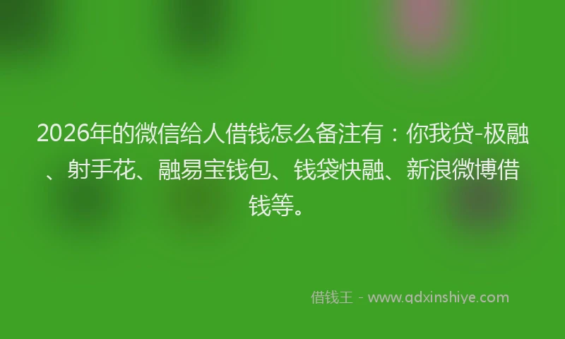 2026年的微信给人借钱怎么备注有：你我贷-极融、射手花、融易宝钱包、钱袋快融、新浪微博借钱等。