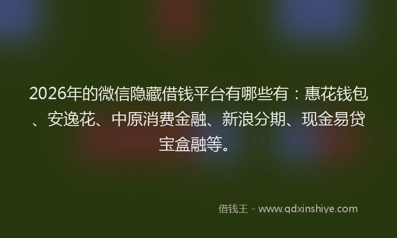 2026年的微信隐藏借钱平台有哪些有：惠花钱包、安逸花、中原消费金融、新浪分期、现金易贷宝盒融等。