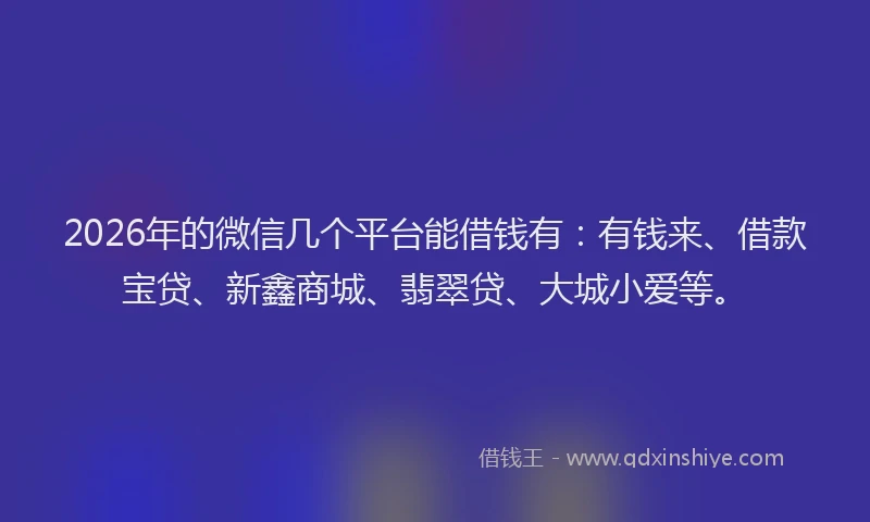 2026年的微信几个平台能借钱有：有钱来、借款宝贷、新鑫商城、翡翠贷、大城小爱等。