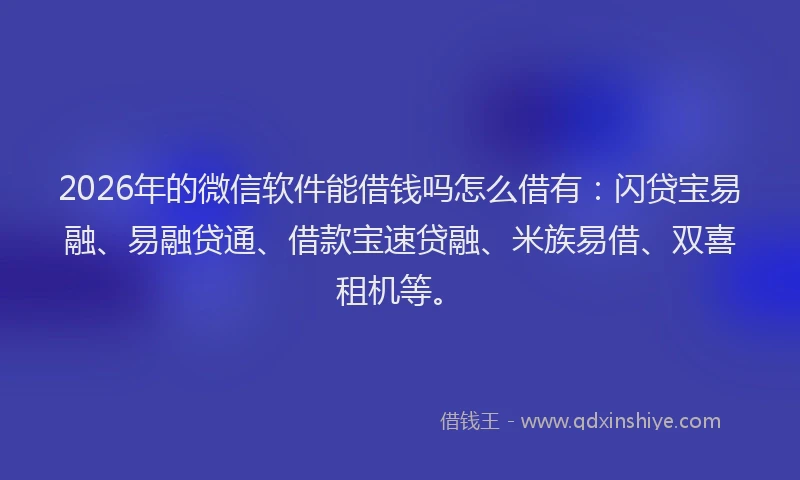 2026年的微信软件能借钱吗怎么借有：闪贷宝易融、易融贷通、借款宝速贷融、米族易借、双喜租机等。