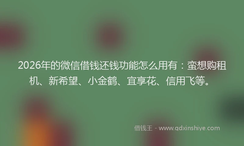 2026年的微信借钱还钱功能怎么用有：蛮想购租机、新希望、小金鹤、宜享花、信用飞等。