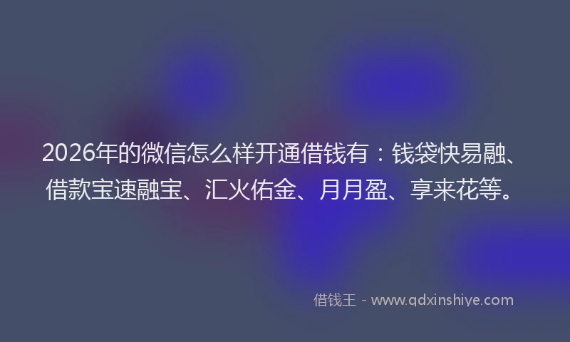 2026年的微信怎么样开通借钱有:钱袋快易融、借款宝速融宝、汇火佑金、月月盈、享来花等。