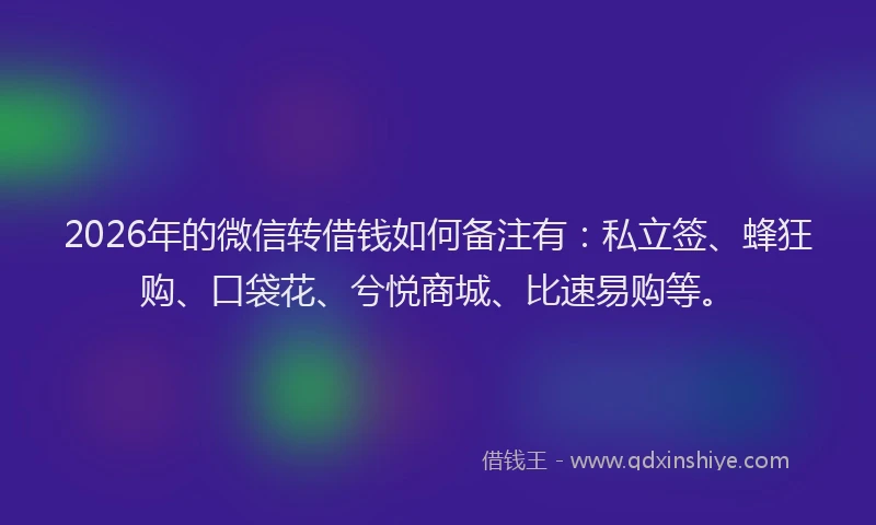 2026年的微信转借钱如何备注有：私立签、蜂狂购、口袋花、兮悦商城、比速易购等。
