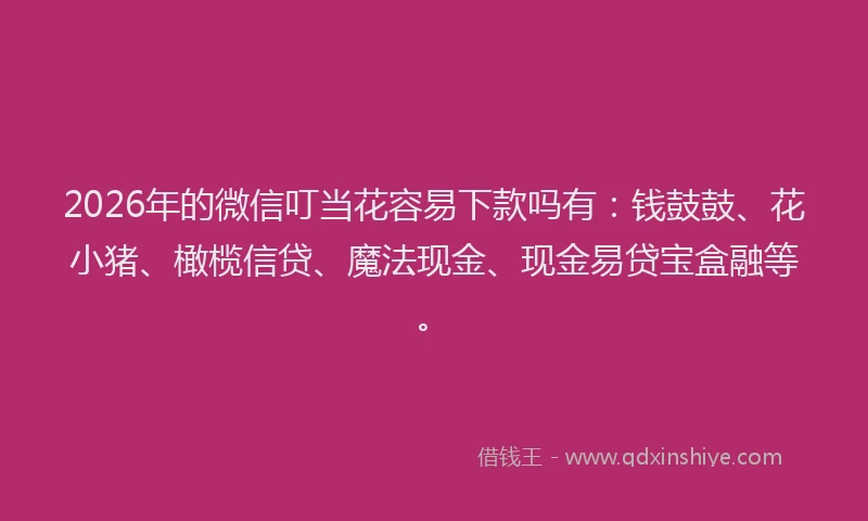 2026年的微信叮当花容易下款吗有:钱鼓鼓、花小猪、橄榄信贷、魔法现金、现金易贷宝盒融等。