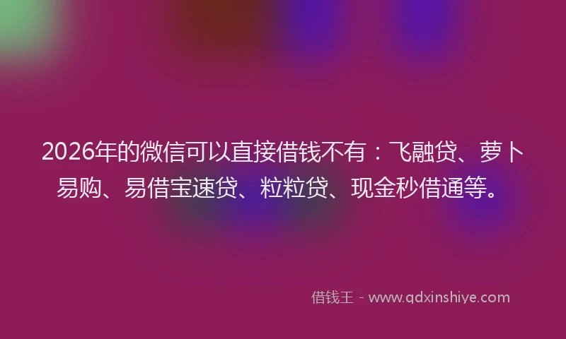 2026年的微信可以直接借钱不有：飞融贷、萝卜易购、易借宝速贷、粒粒贷、现金秒借通等。