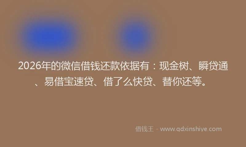 2026年的微信借钱还款依据有：现金树、瞬贷通、易借宝速贷、借了么快贷、替你还等。