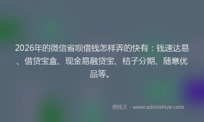 2026年的微信省呗借钱怎样弄的快有：钱速达易、借贷宝盒、现金易融贷宝、桔子分期、随意优品等。