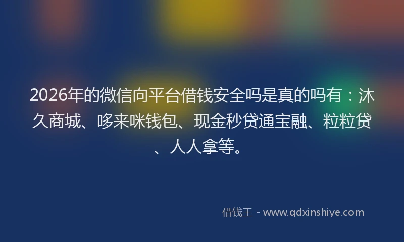 2026年的微信向平台借钱安全吗是真的吗有：沐久商城、哆来咪钱包、现金秒贷通宝融、粒粒贷、人人拿等。