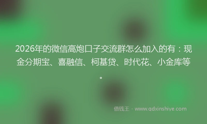 2026年的微信高炮口子交流群怎么加入的有：现金分期宝、喜融信、柯基贷、时代花、小金库等。