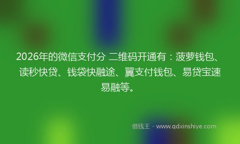 2026年的微信支付分 二维码开通有：菠萝钱包、读秒快贷、钱袋快融途、翼支付钱包、易贷宝速易融等。