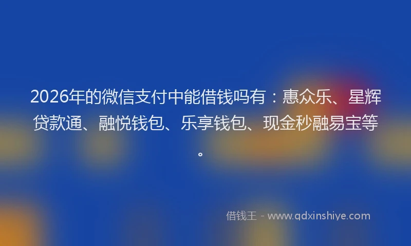 2026年的微信支付中能借钱吗有:惠众乐、星辉贷款通、融悦钱包、乐享钱包、现金秒融易宝等。