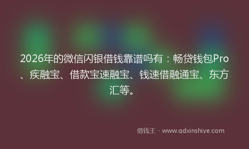 2026年的微信闪银借钱靠谱吗有:畅贷钱包Pro、疾融宝、借款宝速融宝、钱速借融通宝、东方汇等。
