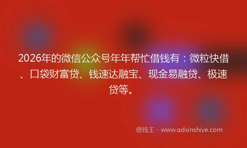 2026年的微信公众号年年帮忙借钱有：微粒快借、口袋财富贷、钱速达融宝、现金易融贷、极速贷等。