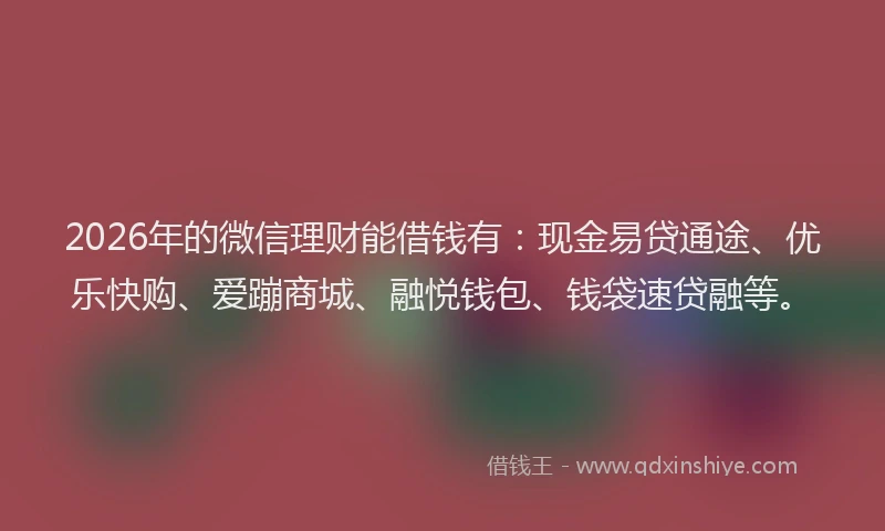2026年的微信理财能借钱有：现金易贷通途、优乐快购、爱蹦商城、融悦钱包、钱袋速贷融等。