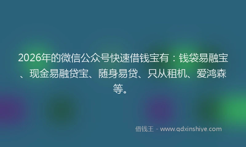 2026年的微信公众号快速借钱宝有：钱袋易融宝、现金易融贷宝、随身易贷、只从租机、爱鸿森等。