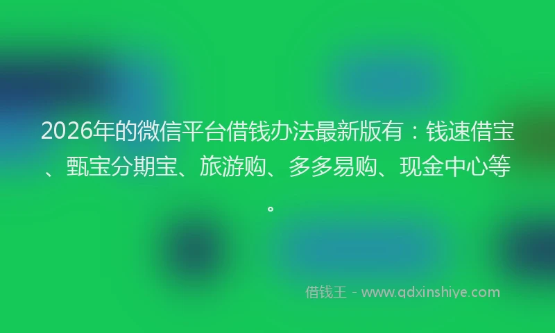 2026年的微信平台借钱办法最新版有：钱速借宝、甄宝分期宝、旅游购、多多易购、现金中心等。