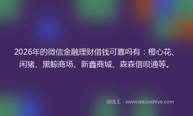 2026年的微信金融理财借钱可靠吗有:橙心花、闲猪、黑鲸商场、新鑫商城、森森借呗通等。