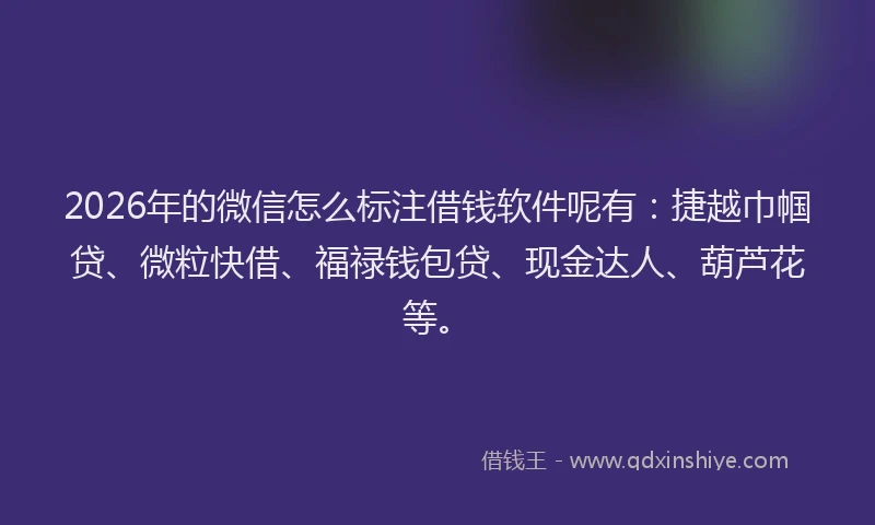 2026年的微信怎么标注借钱软件呢有：捷越巾帼贷、微粒快借、福禄钱包贷、现金达人、葫芦花等。
