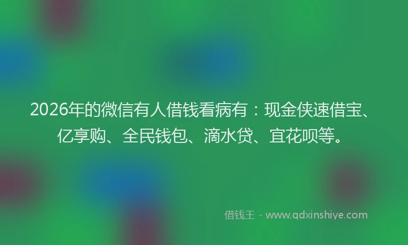 2026年的微信有人借钱看病有:现金侠速借宝、亿享购、全民钱包、滴水贷、宜花呗等。