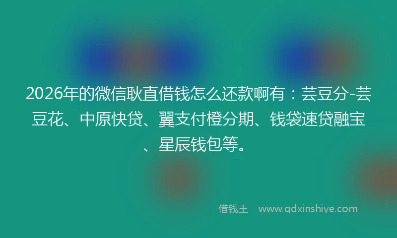 2026年的微信耿直借钱怎么还款啊有：芸豆分-芸豆花、中原快贷、翼支付橙分期、钱袋速贷融宝、星辰钱包等。
