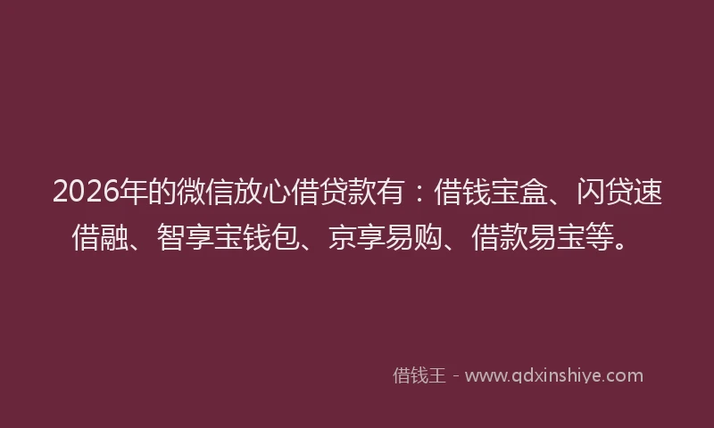 2026年的微信放心借贷款有:借钱宝盒、闪贷速借融、智享宝钱包、京享易购、借款易宝等。