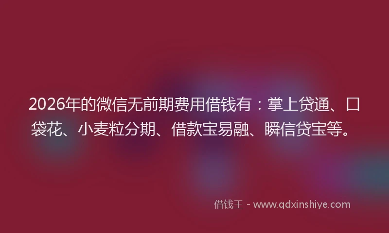 2026年的微信无前期费用借钱有：掌上贷通、口袋花、小麦粒分期、借款宝易融、瞬信贷宝等。