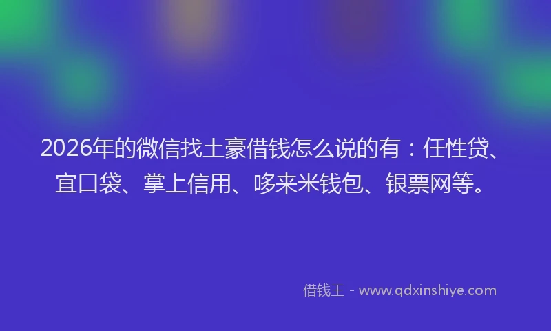 2026年的微信找土豪借钱怎么说的有：任性贷、宜口袋、掌上信用、哆来米钱包、银票网等。