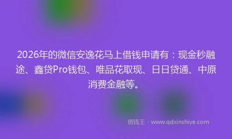2026年的微信安逸花马上借钱申请有:现金秒融途、鑫贷Pro钱包、唯品花取现、日日贷通、中原消费金融等。