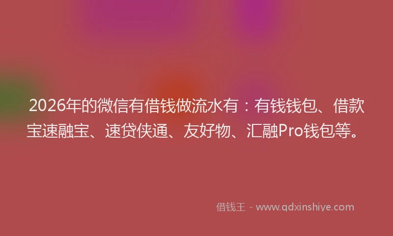 2026年的微信有借钱做流水有：有钱钱包、借款宝速融宝、速贷侠通、友好物、汇融Pro钱包等。
