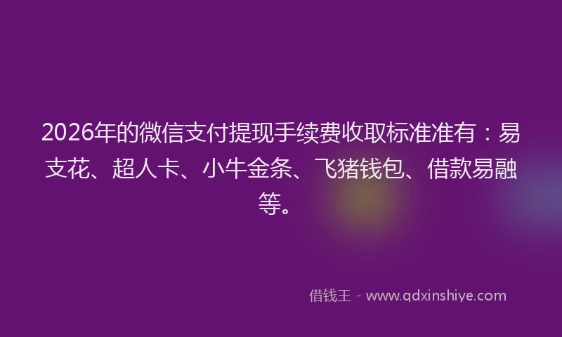 2026年的微信支付提现手续费收取标准准有：易支花、超人卡、小牛金条、飞猪钱包、借款易融等。
