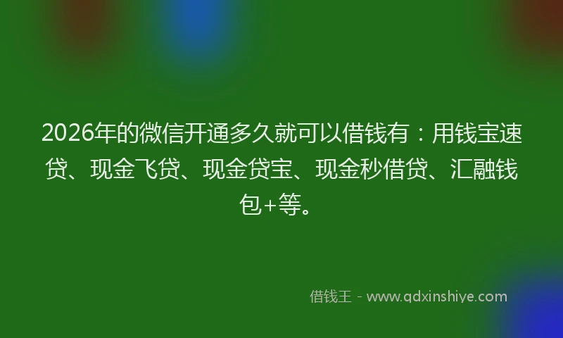 2026年的微信开通多久就可以借钱有：用钱宝速贷、现金飞贷、现金贷宝、现金秒借贷、汇融钱包+等。