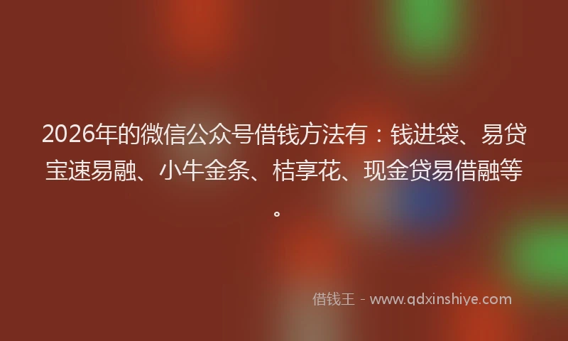 2026年的微信公众号借钱方法有：钱进袋、易贷宝速易融、小牛金条、桔享花、现金贷易借融等。