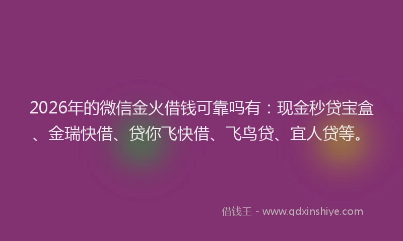 2026年的微信金火借钱可靠吗有:现金秒贷宝盒、金瑞快借、贷你飞快借、飞鸟贷、宜人贷等。