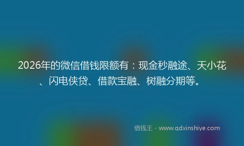 2026年的微信借钱限额有：现金秒融途、天小花、闪电侠贷、借款宝融、树融分期等。