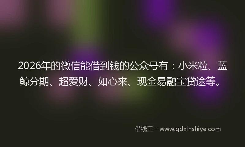 2026年的微信能借到钱的公众号有：小米粒、蓝鲸分期、超爱财、如心来、现金易融宝贷途等。