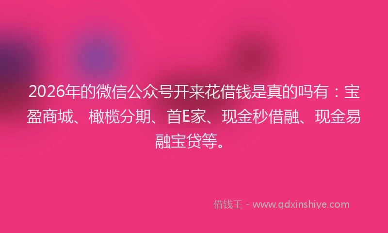 2026年的微信公众号开来花借钱是真的吗有：宝盈商城、橄榄分期、首E家、现金秒借融、现金易融宝贷等。