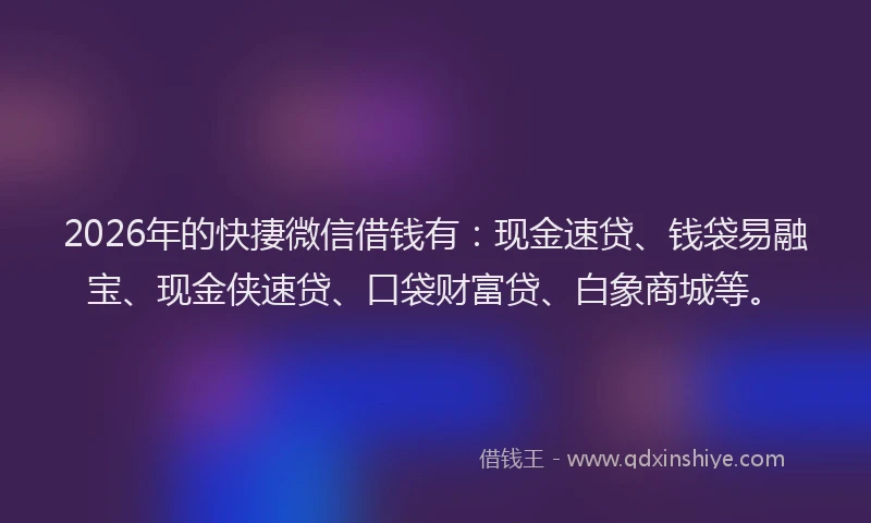 2026年的快捿微信借钱有:现金速贷、钱袋易融宝、现金侠速贷、口袋财富贷、白象商城等。