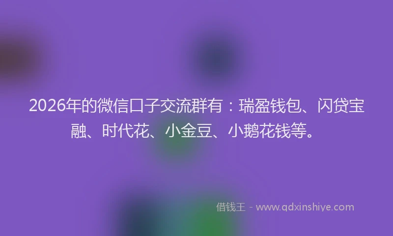 2026年的微信口子交流群有:瑞盈钱包、闪贷宝融、时代花、小金豆、小鹅花钱等。