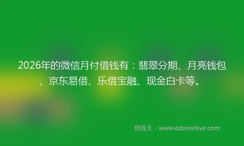 2026年的微信月付借钱有：翡翠分期、月亮钱包、京东易借、乐借宝融、现金白卡等。