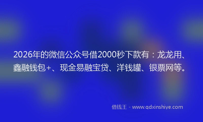 2026年的微信公众号借2000秒下款有：龙龙用、鑫融钱包+、现金易融宝贷、洋钱罐、银票网等。