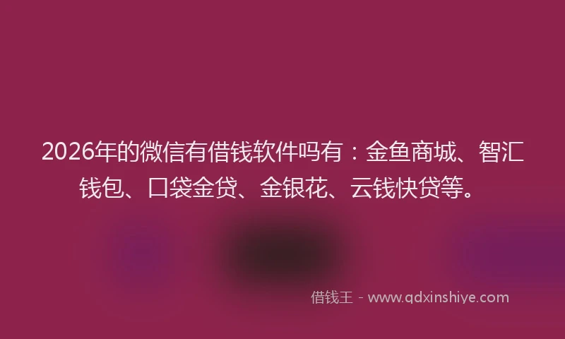 2026年的微信有借钱软件吗有：金鱼商城、智汇钱包、口袋金贷、金银花、云钱快贷等。