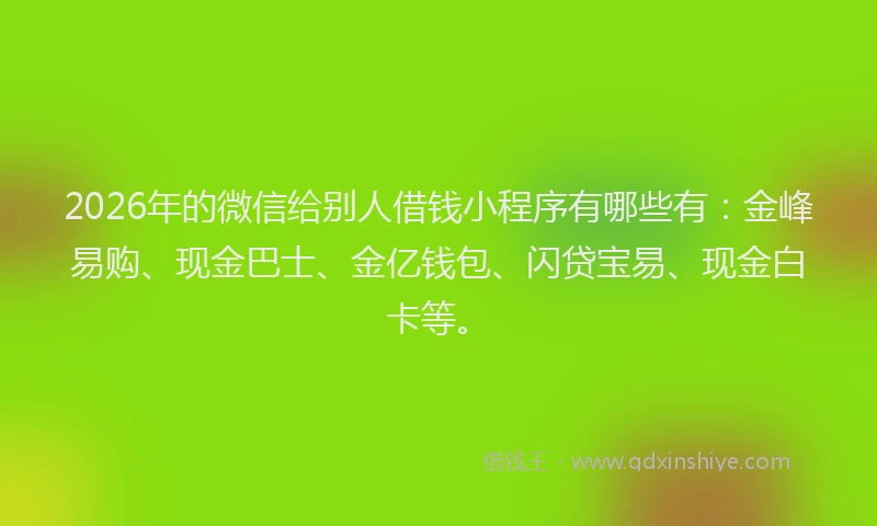 2026年的微信给别人借钱小程序有哪些有：金峰易购、现金巴士、金亿钱包、闪贷宝易、现金白卡等。