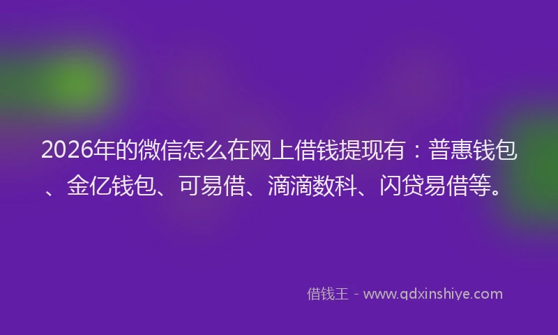 2026年的微信怎么在网上借钱提现有:普惠钱包、金亿钱包、可易借、滴滴数科、闪贷易借等。