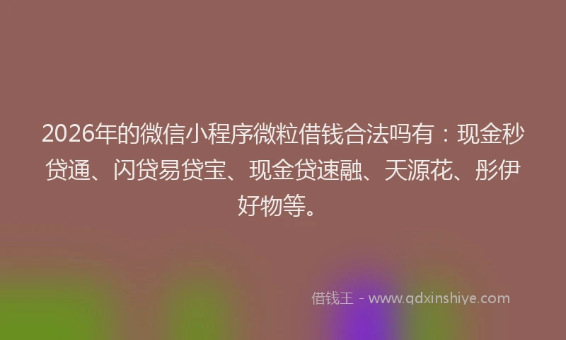 2026年的微信小程序微粒借钱合法吗有：现金秒贷通、闪贷易贷宝、现金贷速融、天源花、彤伊好物等。