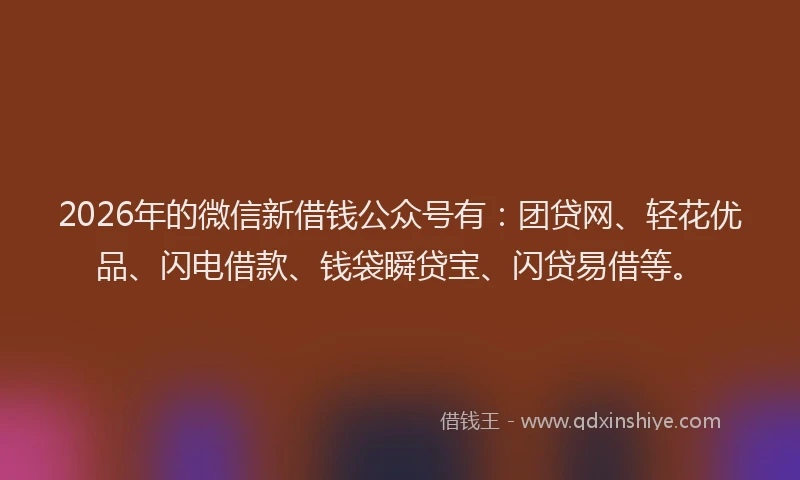 2026年的微信新借钱公众号有：团贷网、轻花优品、闪电借款、钱袋瞬贷宝、闪贷易借等。