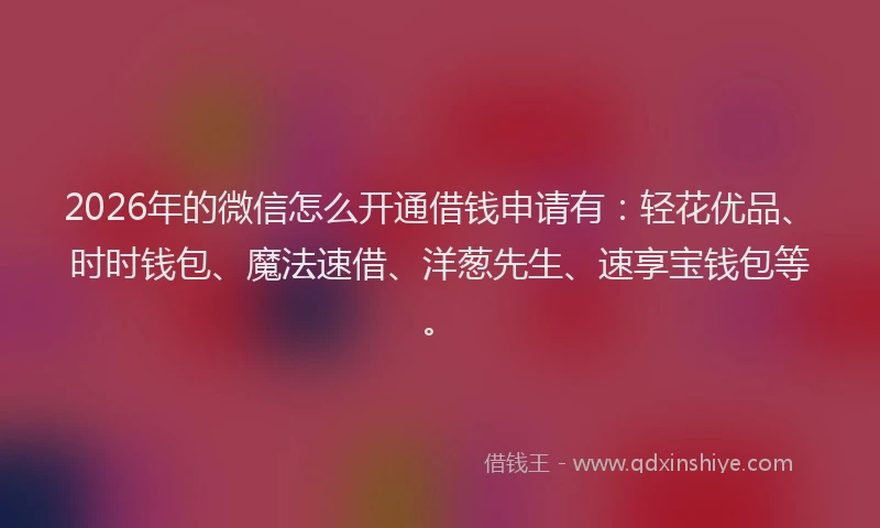2026年的微信怎么开通借钱申请有：轻花优品、时时钱包、魔法速借、洋葱先生、速享宝钱包等。