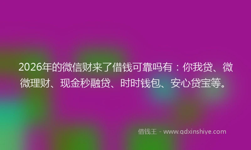 2026年的微信财来了借钱可靠吗有:你我贷、微微理财、现金秒融贷、时时钱包、安心贷宝等。