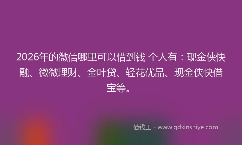 2026年的微信哪里可以借到钱 个人有：现金侠快融、微微理财、金叶贷、轻花优品、现金侠快借宝等。
