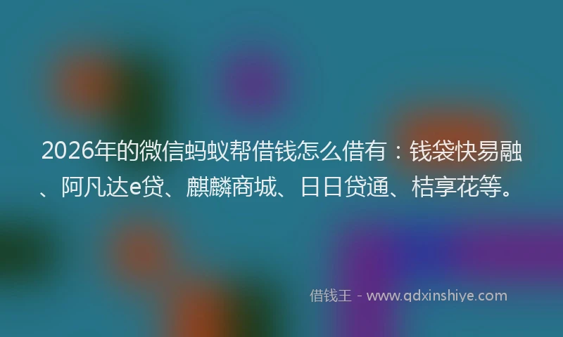 2026年的微信蚂蚁帮借钱怎么借有：钱袋快易融、阿凡达e贷、麒麟商城、日日贷通、桔享花等。