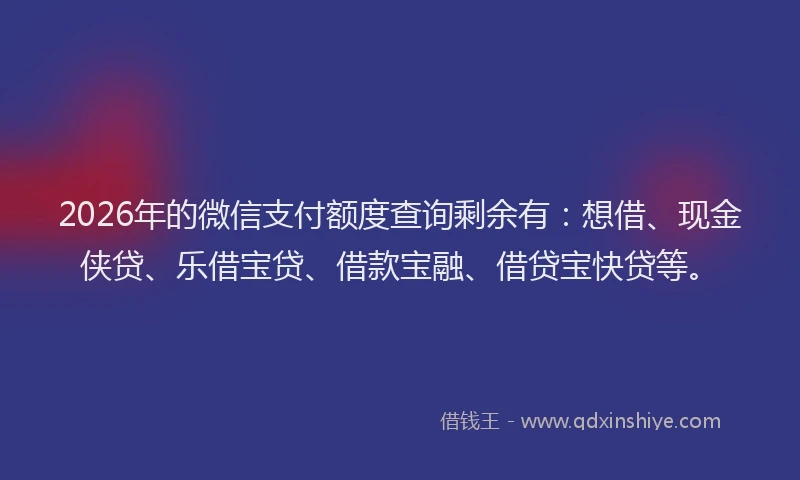 2026年的微信支付额度查询剩余有：想借、现金侠贷、乐借宝贷、借款宝融、借贷宝快贷等。